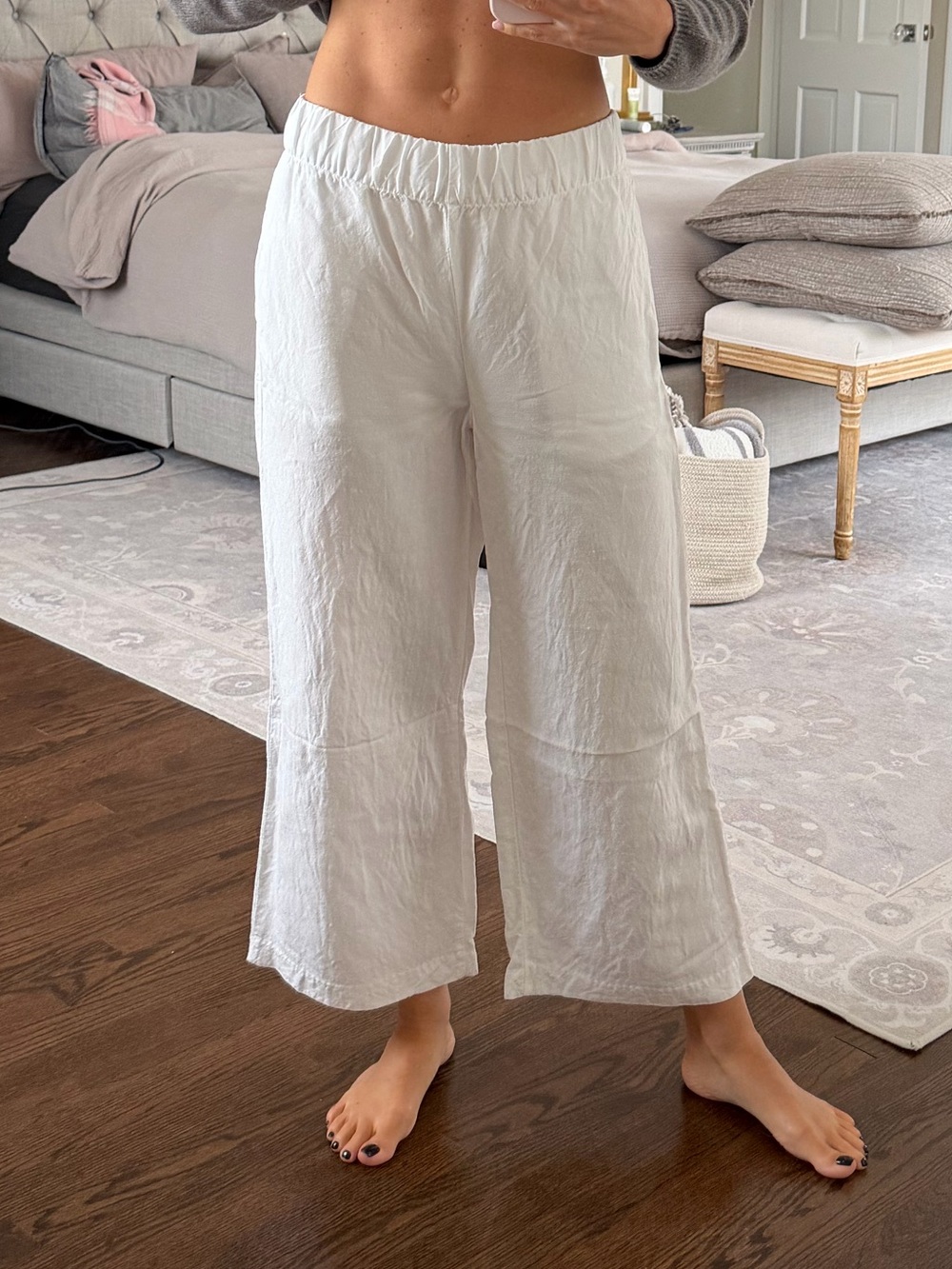 Women's White Wide-Leg Cropped Linen Blend Pants